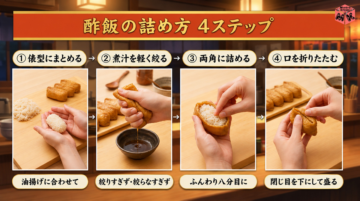 稲荷寿司 酢飯の詰め方4ステップ