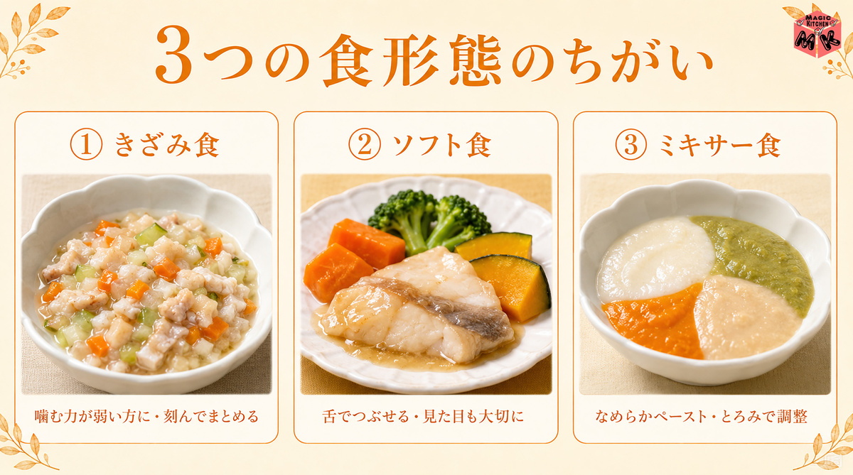 介護食の3つの食形態 比較図解