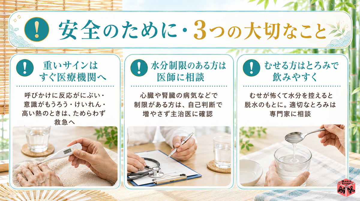 脱水・熱中症対策 3大注意点図解