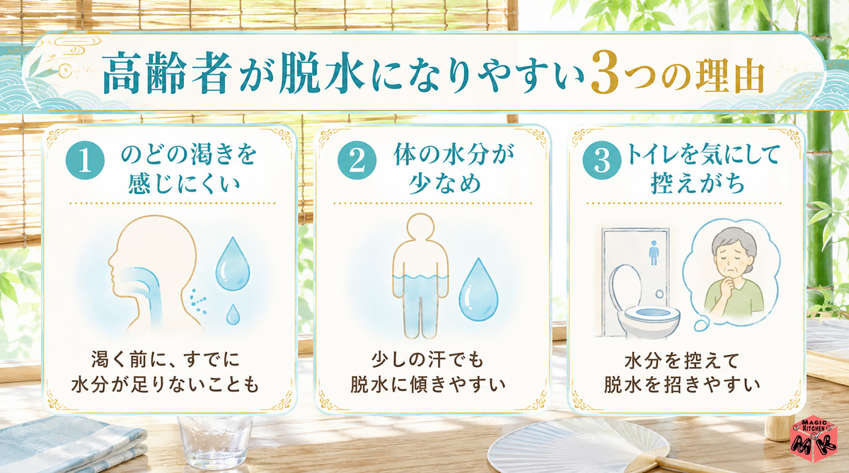 高齢者が脱水・熱中症になりやすい理由 3つ図解