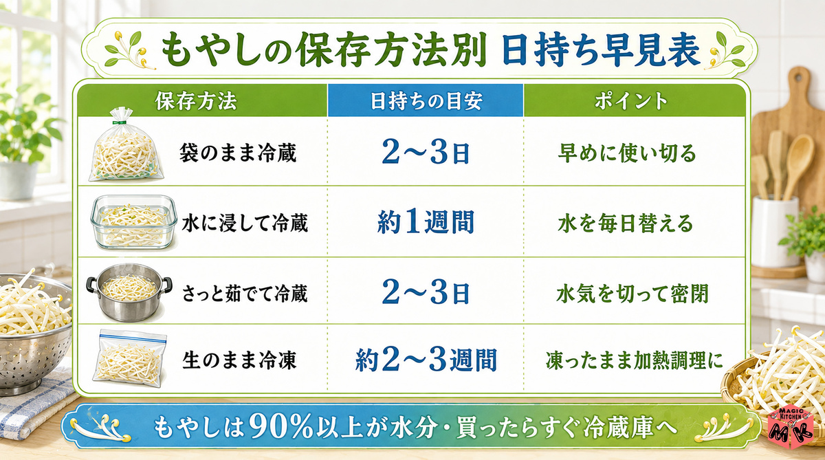 もやしの保存方法別 日持ち早見表