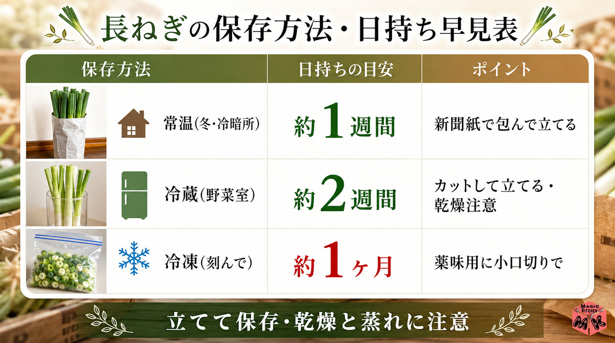 長ねぎ保存方法別 日持ち早見表