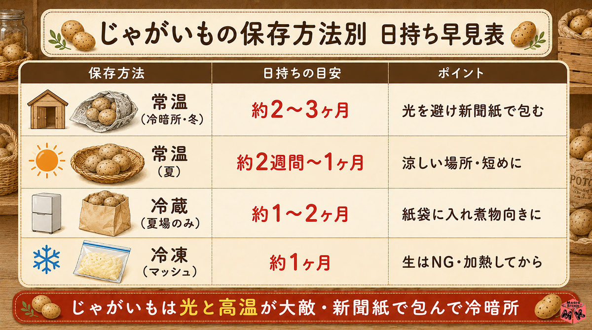 じゃがいも保存方法別 日持ち早見表