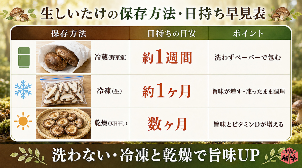生しいたけ保存方法別 日持ち早見表