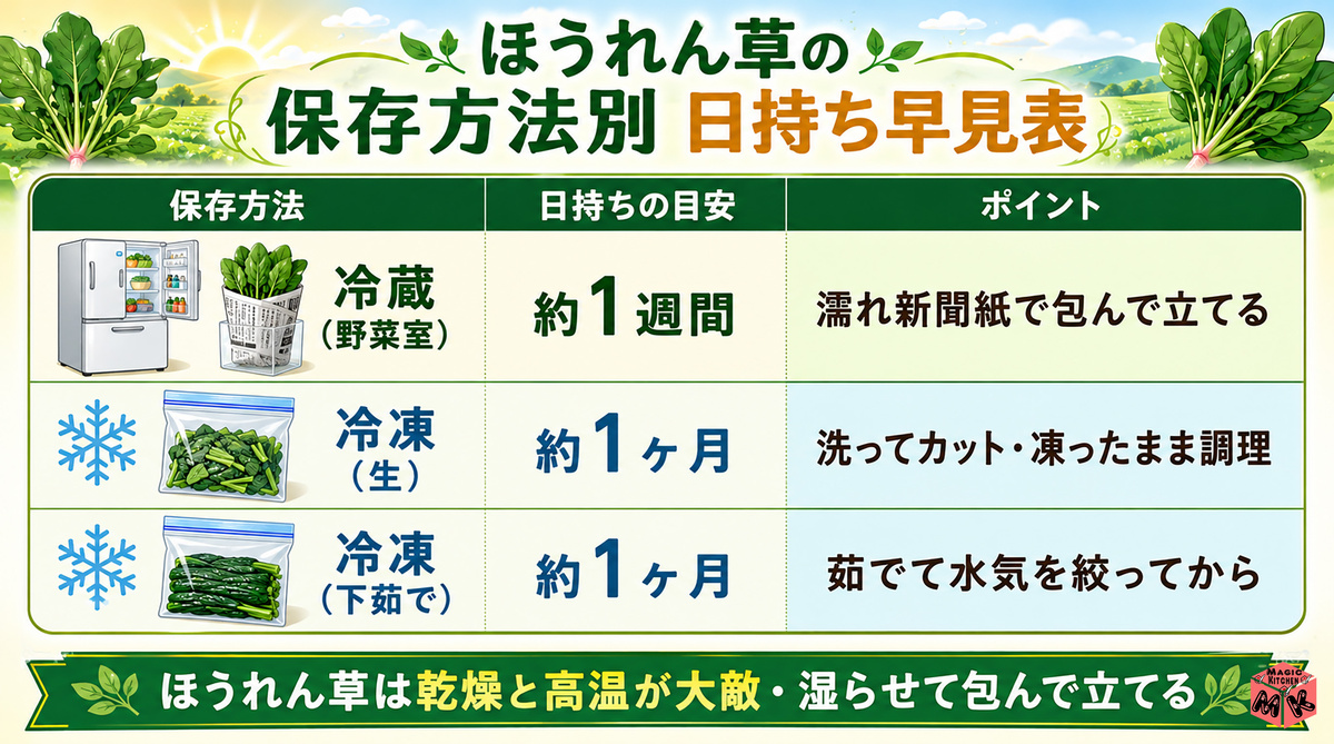 ほうれん草保存方法別 日持ち早見表