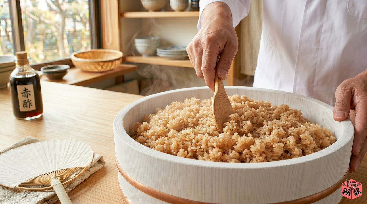 寿司シャリ レシピ・飯台でシャリ切り