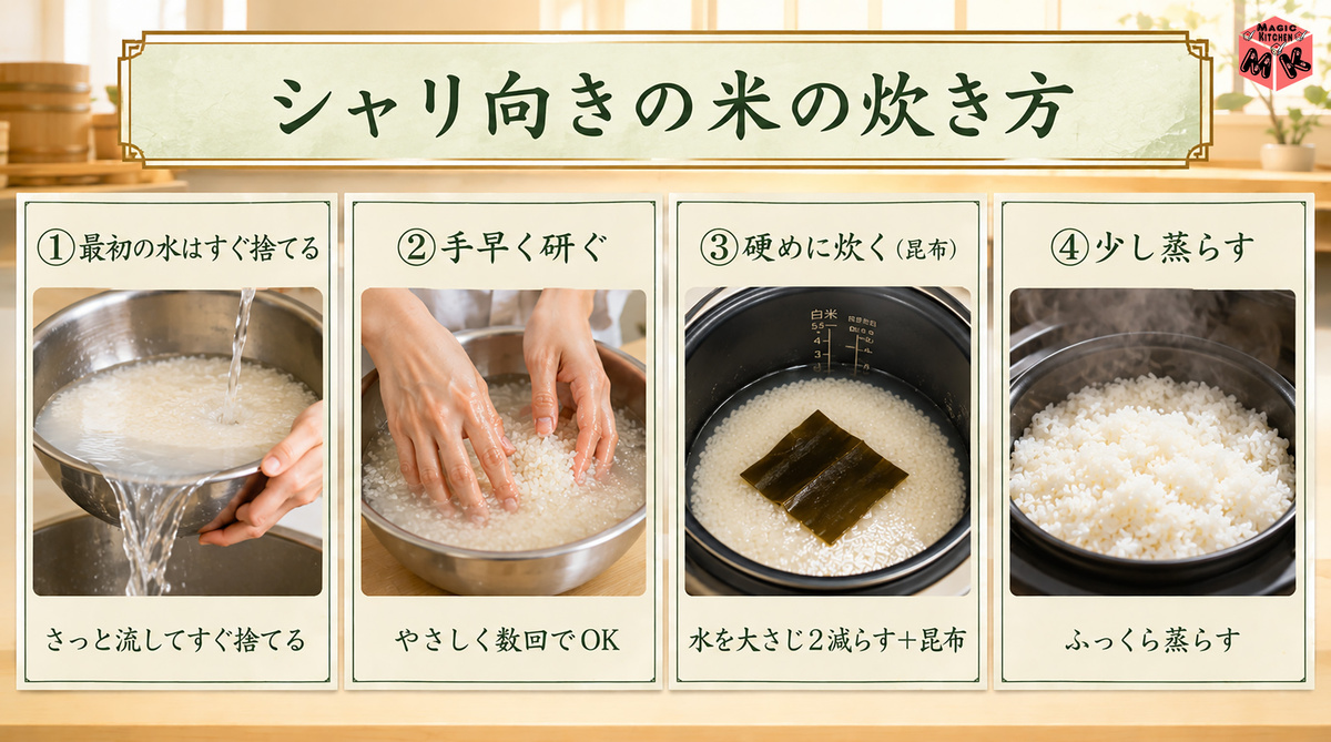 寿司シャリ 米の研ぎ方・炊き方 工程図解