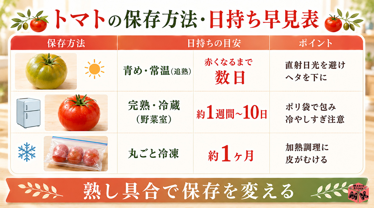 トマト保存方法別 日持ち早見表