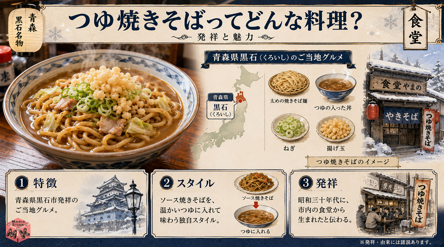 つゆ焼きそばの発祥と由来を示す図解