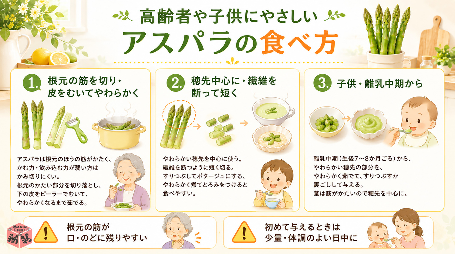 高齢者や子供にやさしいアスパラの食べ方