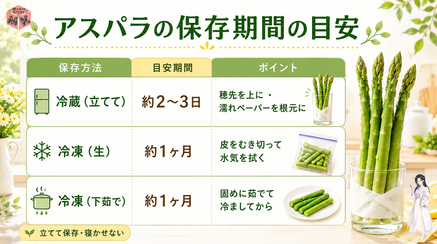 アスパラの保存期間の早見表