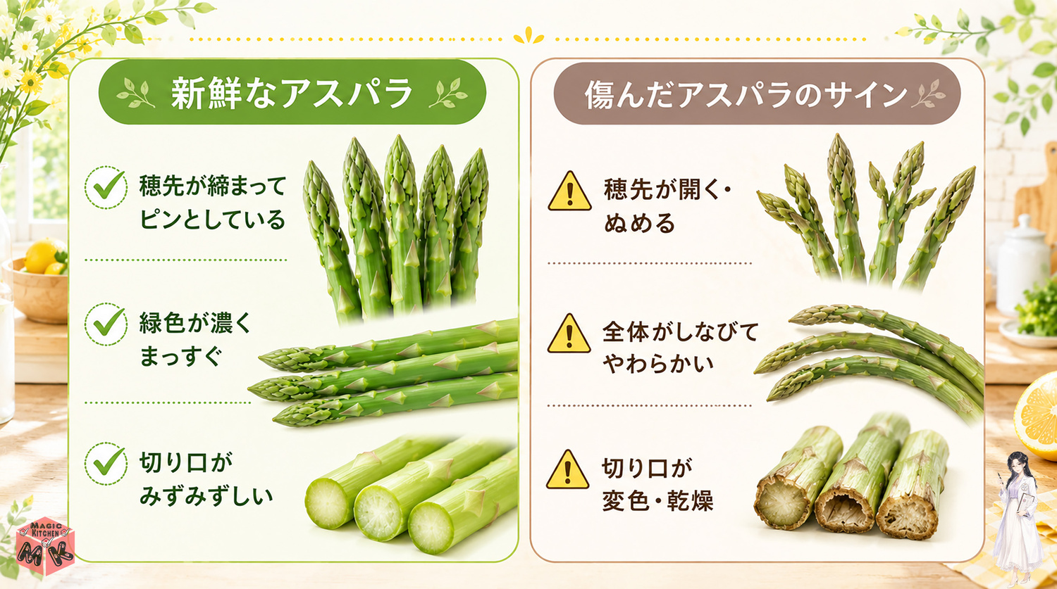 新鮮なアスパラと傷んだアスパラの見分け方