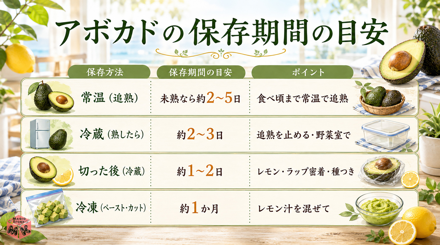 アボカドの保存期間の早見表