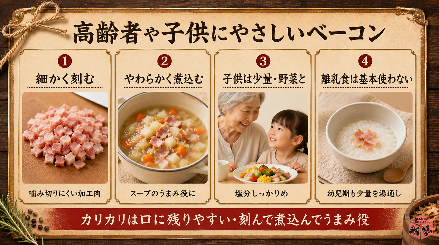高齢者や子供にやさしいベーコンの工夫の図解