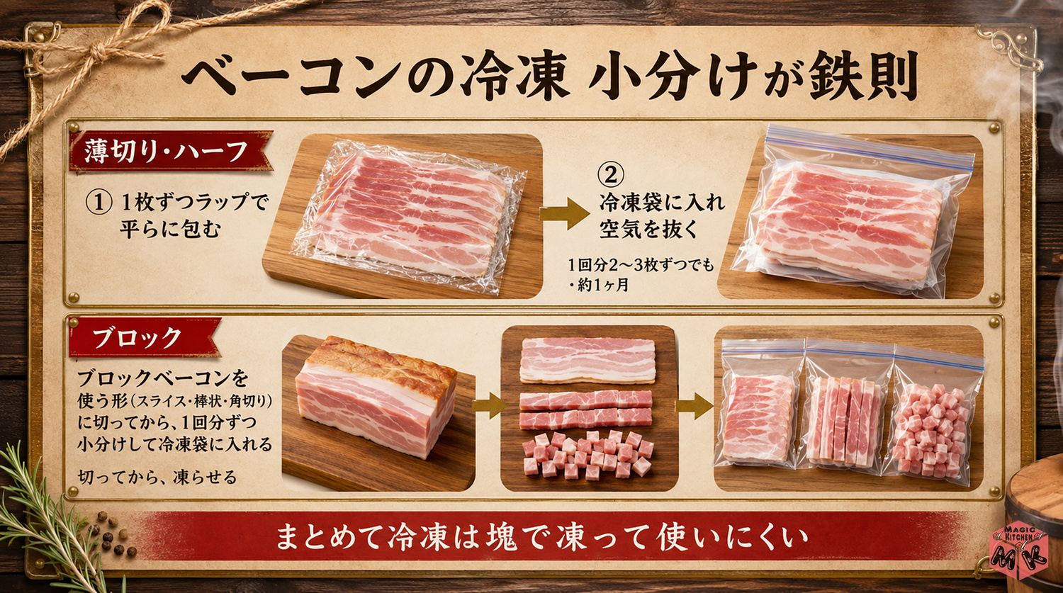 ベーコンの冷凍方法の工程図
