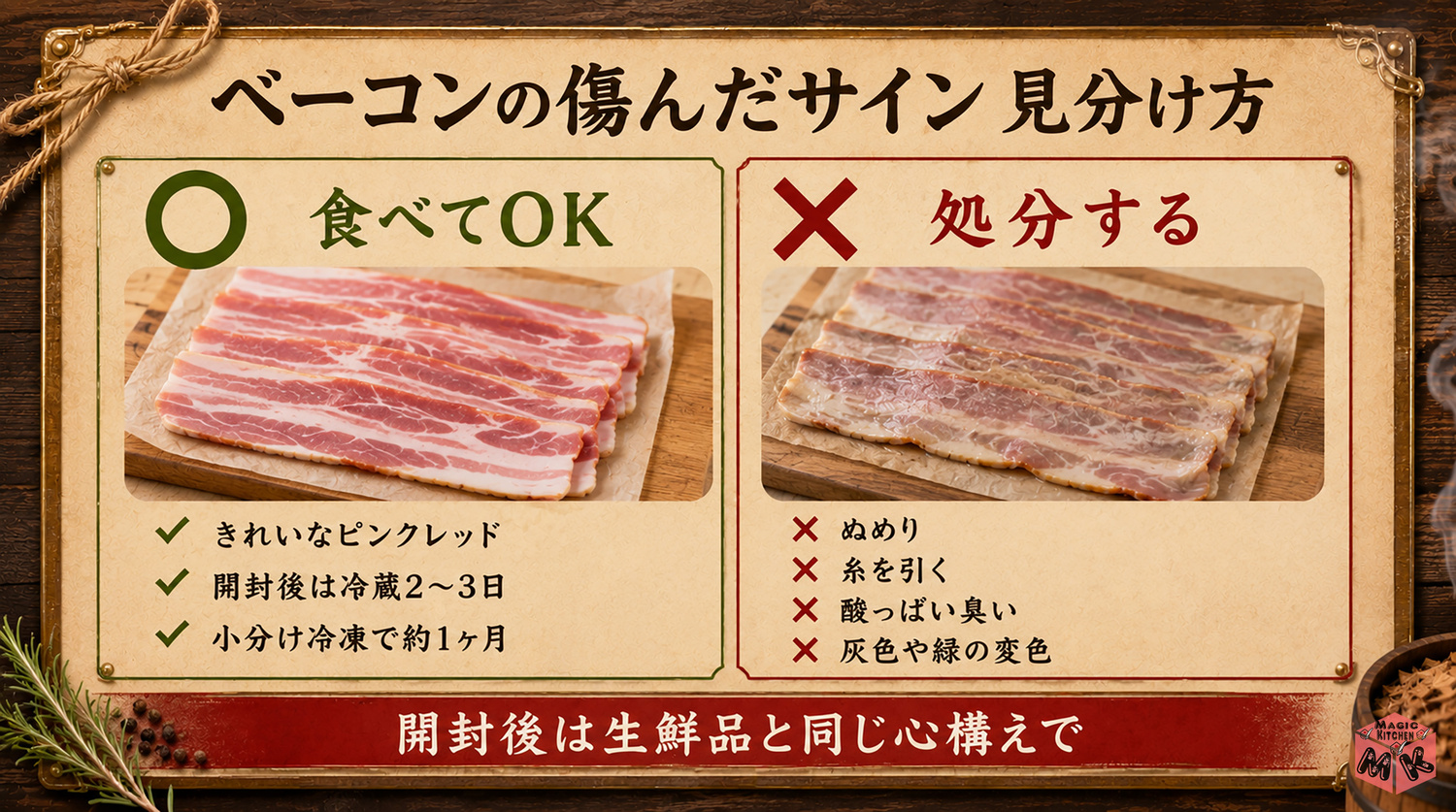 ベーコンの傷んだサインとやってはいけない保存の見分け図