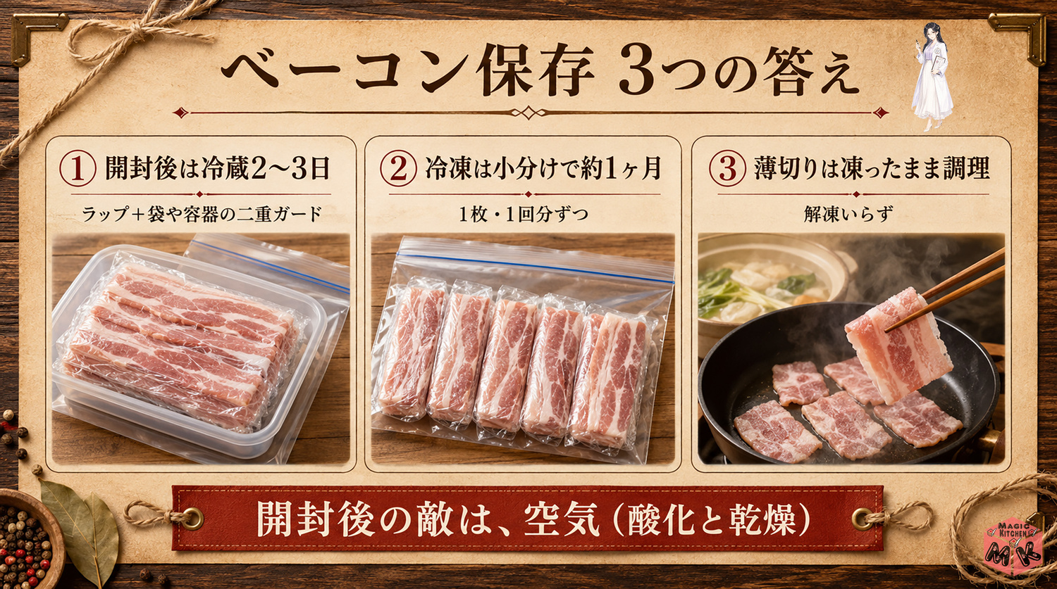ベーコンの保存方法の全体像インフォグラフィック