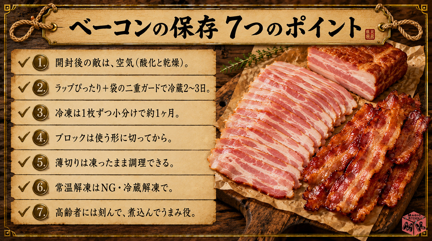 ベーコンの保存方法の7つのポイントまとめビジュアル