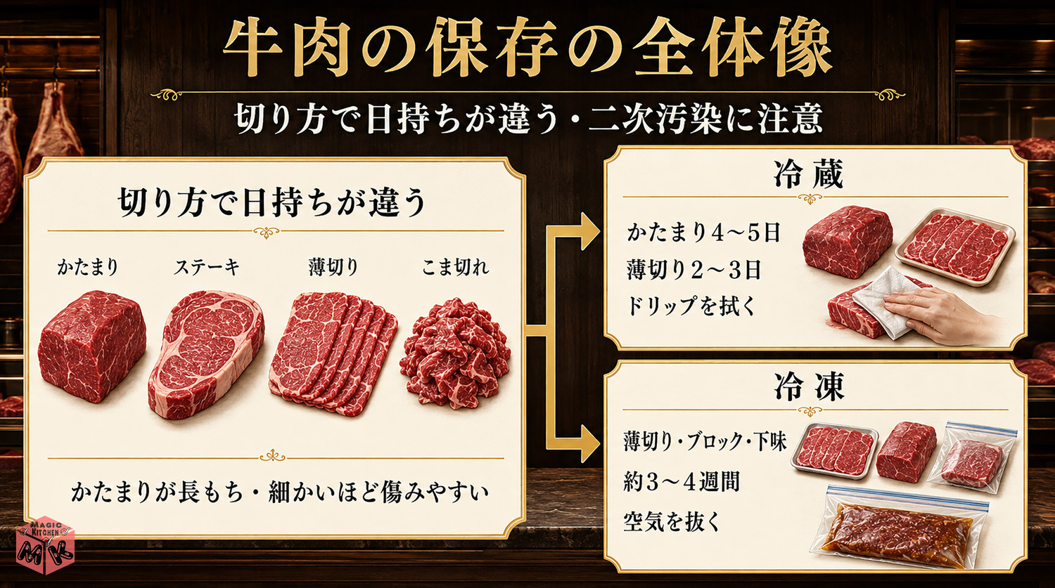 牛肉の保存方法の全体像インフォグラフィック