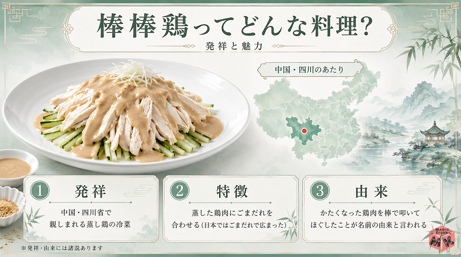 棒棒鶏の発祥と由来を示す図解