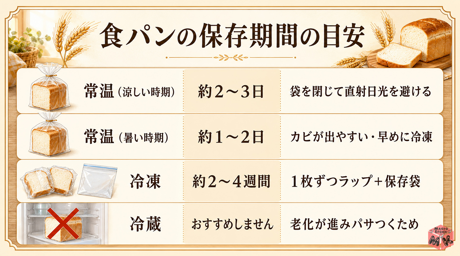 食パンの保存期間の早見表