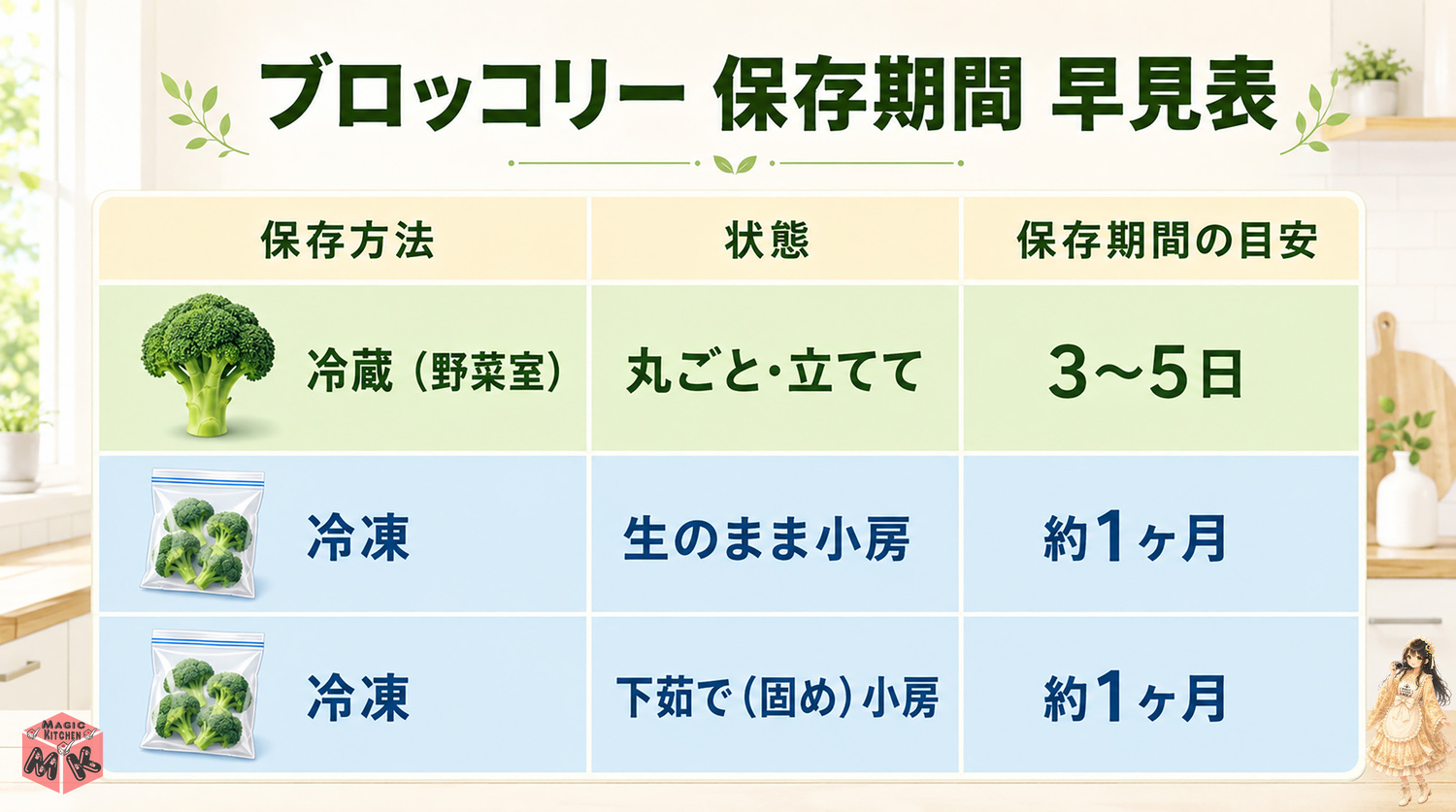 ブロッコリーの保存期間早見表