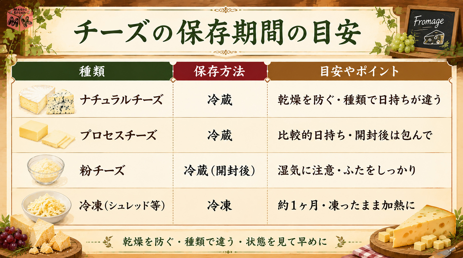 チーズの保存期間の早見表