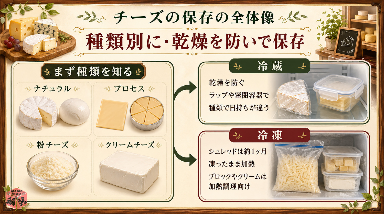 チーズの保存方法の全体像インフォグラフィック