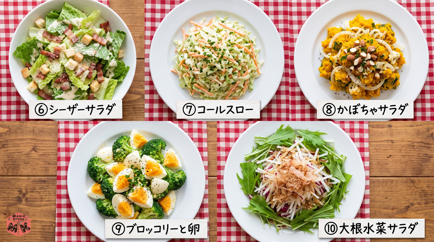 チキンソテーに合うサラダ5選の料理写真コラージュ