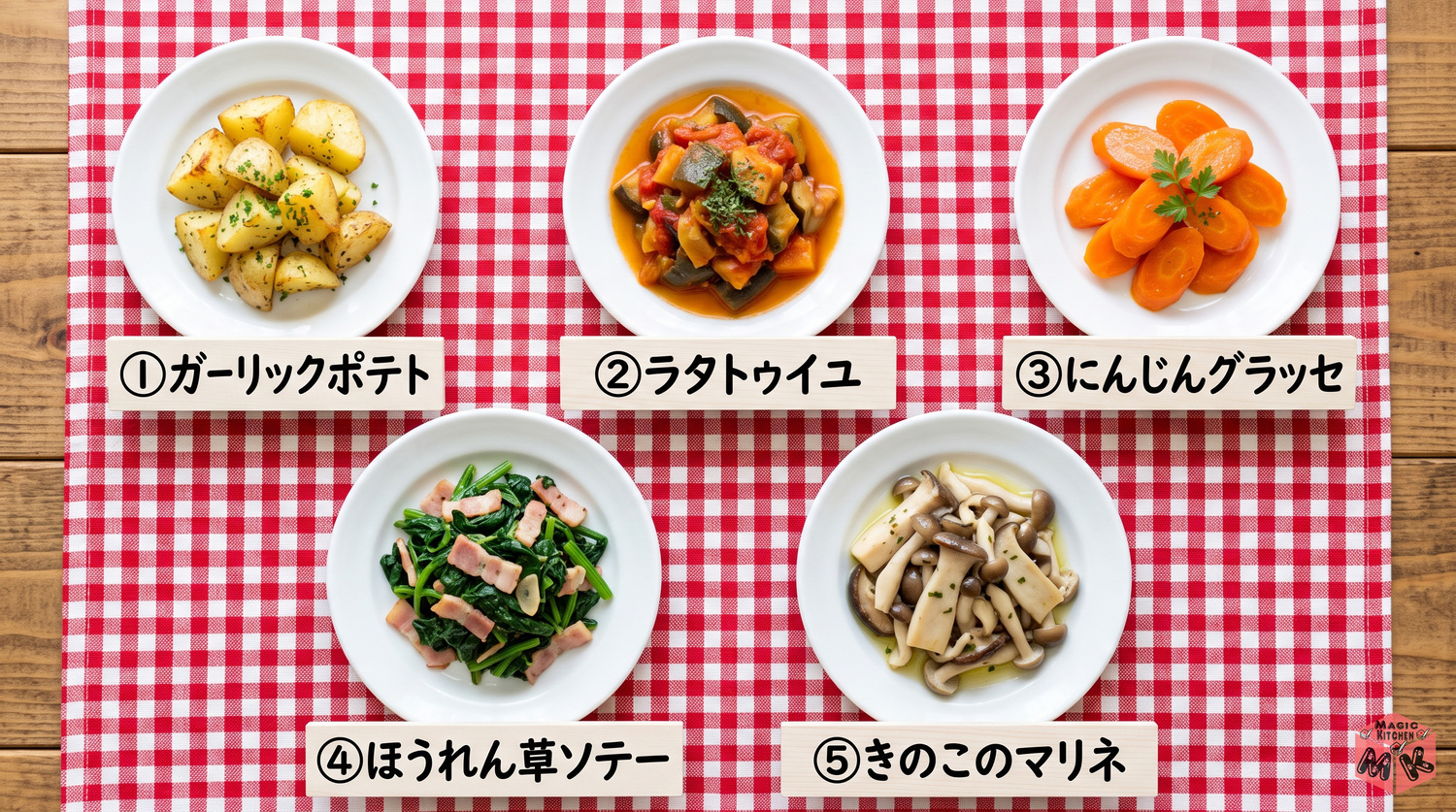 チキンソテーに合う副菜5選の料理写真コラージュ