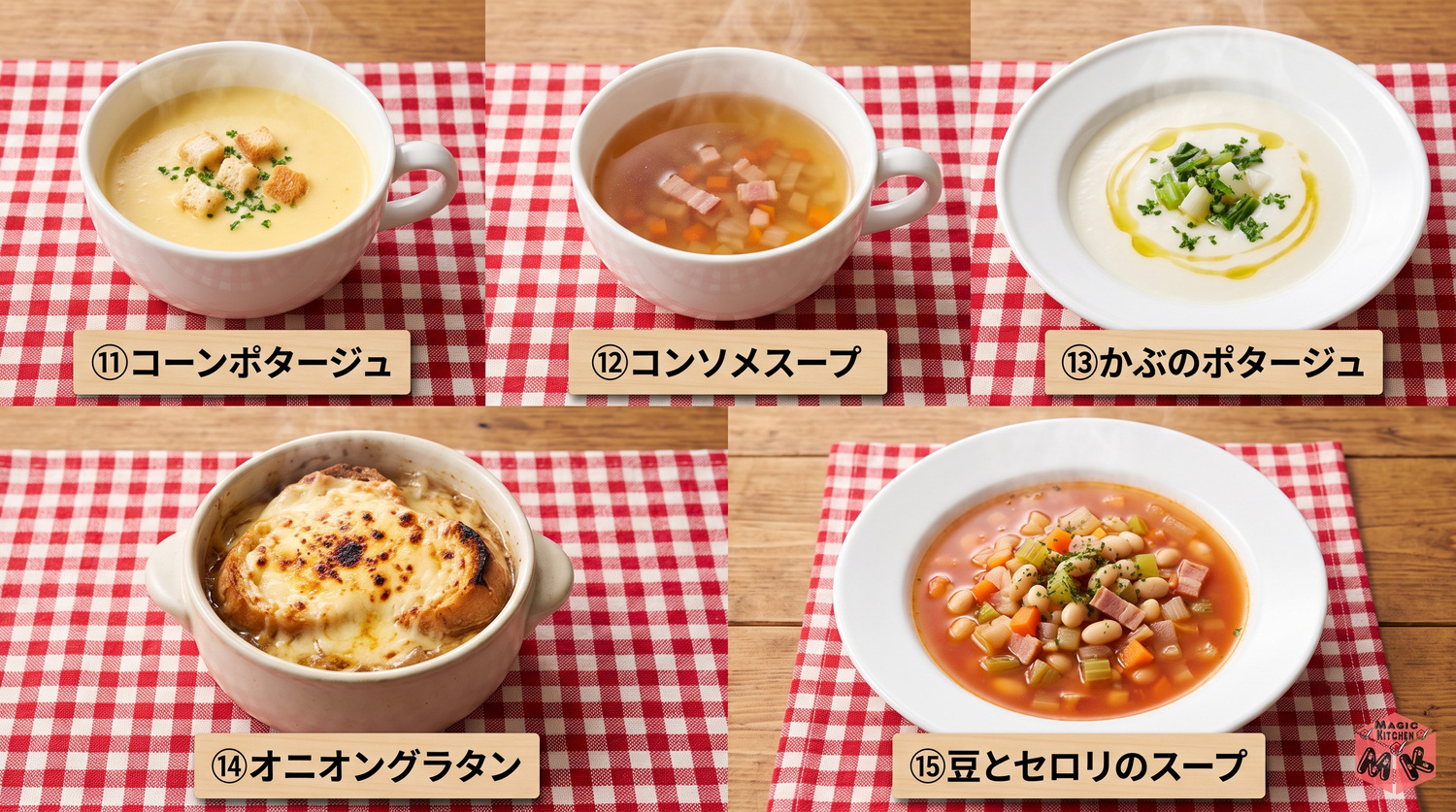 チキンソテーに合うスープ5選の料理写真コラージュ