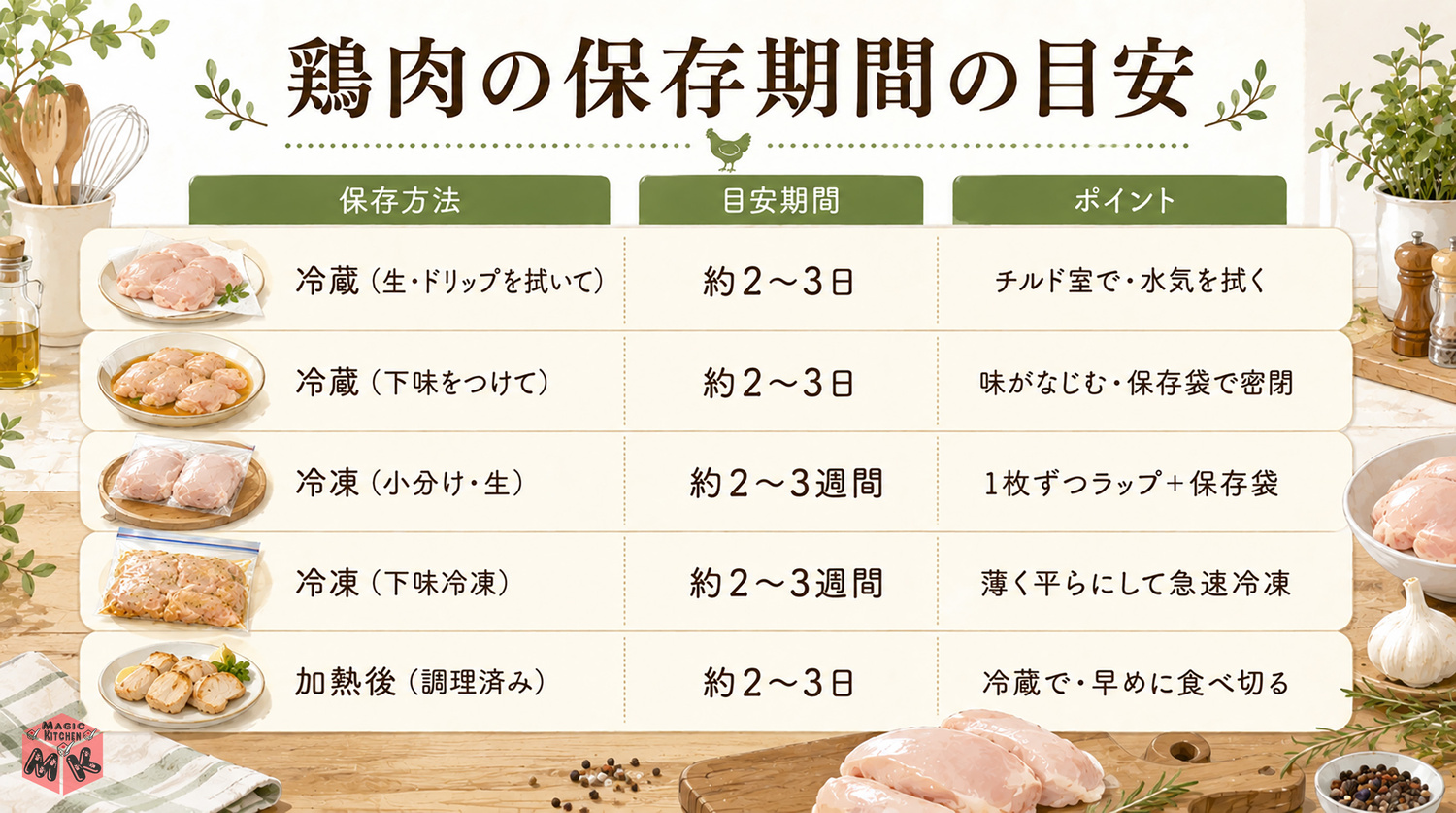 鶏肉の保存期間の早見表