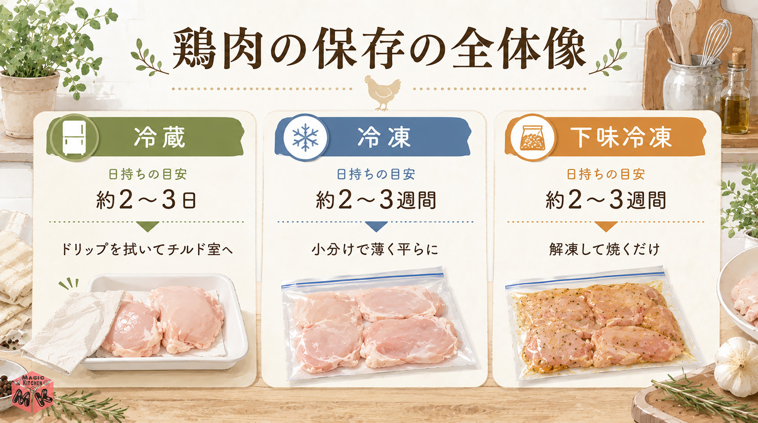 鶏肉の保存方法の全体像インフォグラフィック