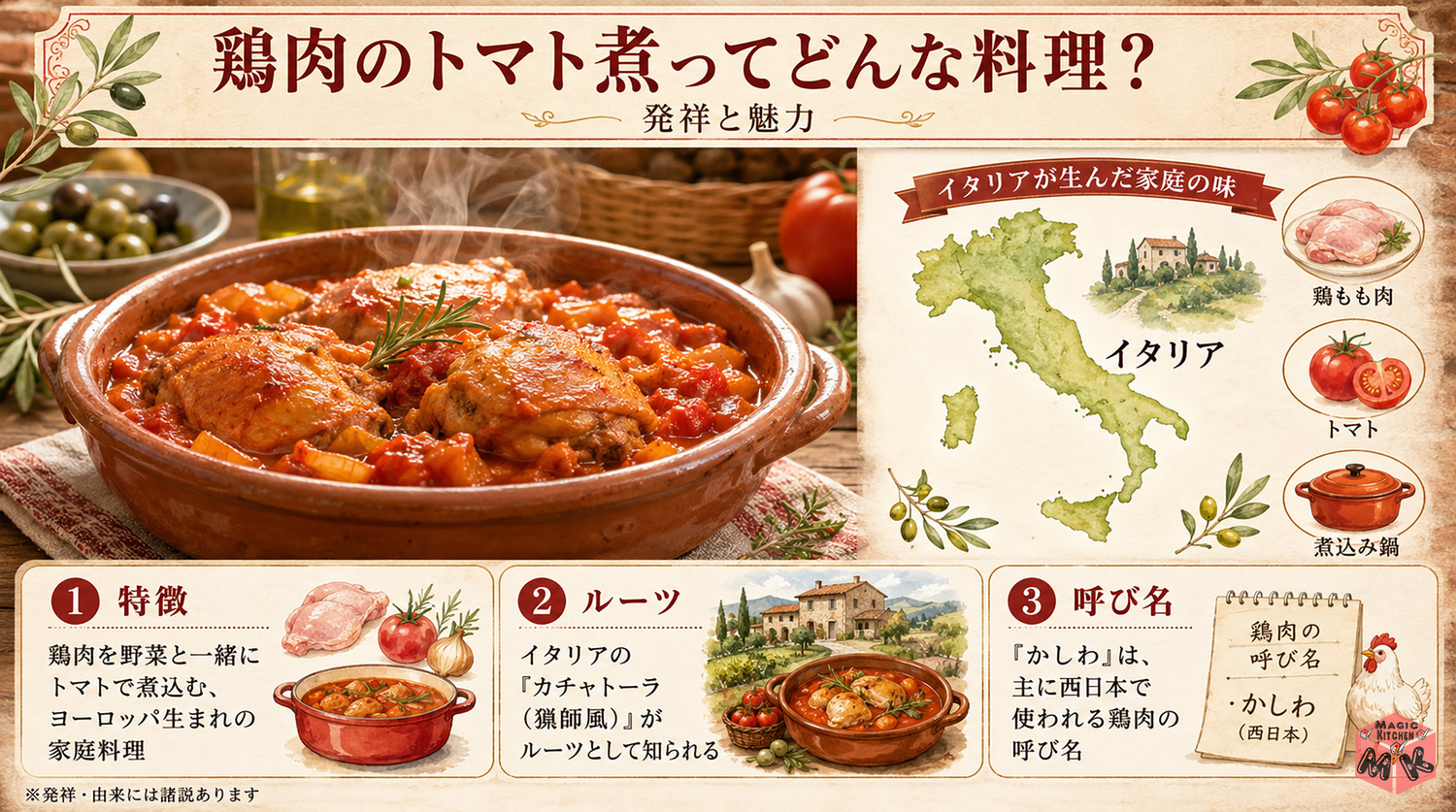 鶏肉のトマト煮の発祥と由来を示す図解