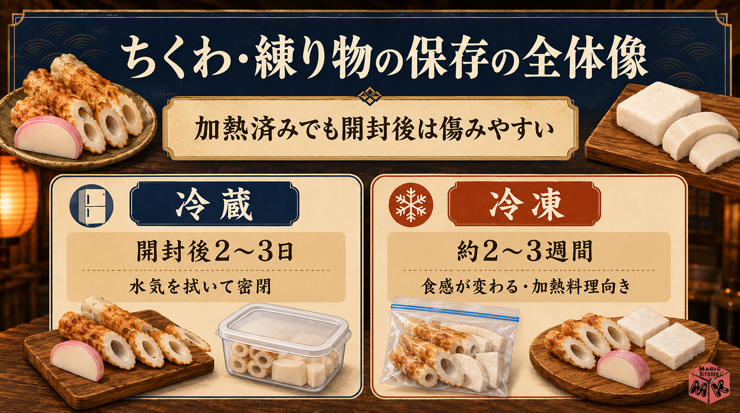 ちくわ・練り物の保存方法の全体像インフォグラフィック