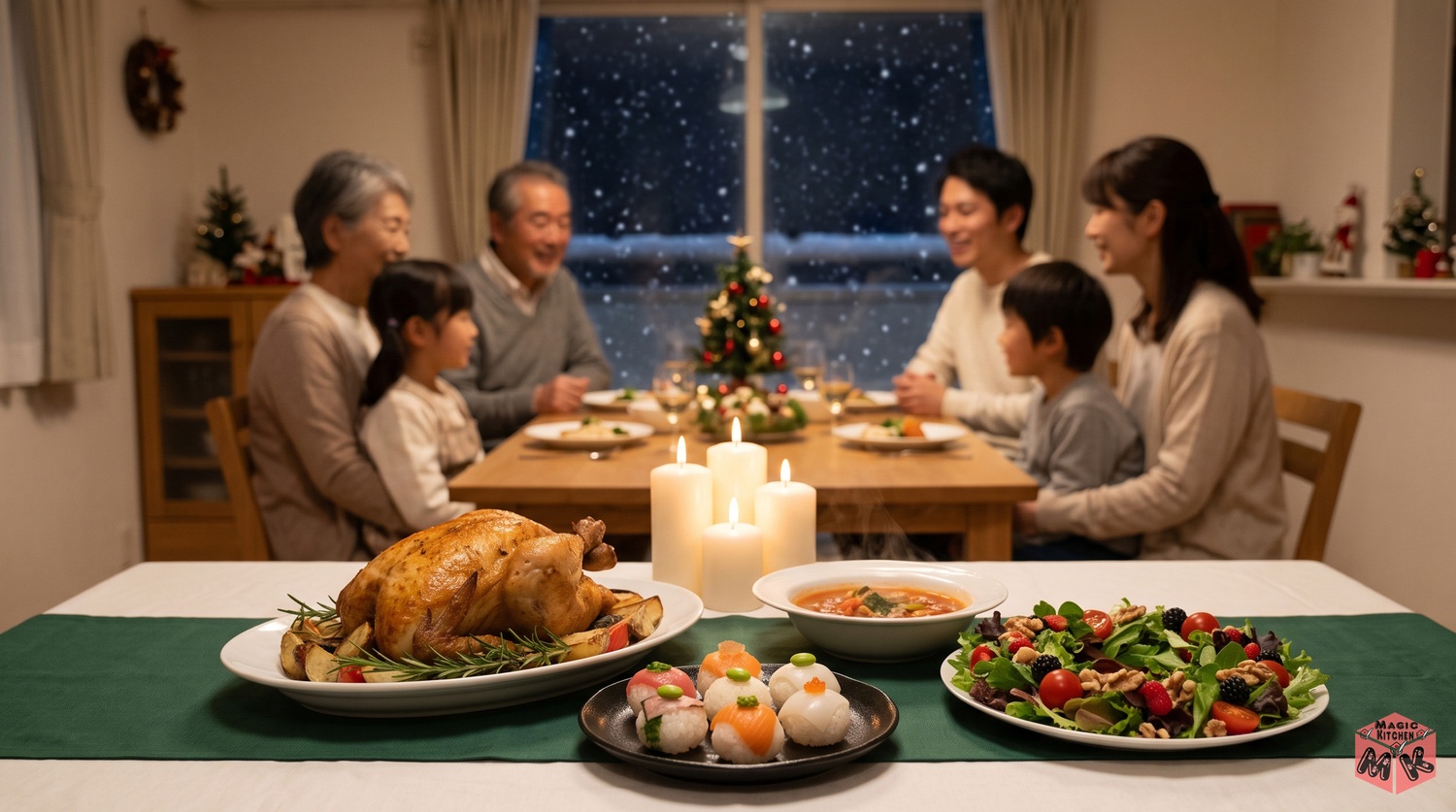 クリスマスの夜に家族で食卓を囲むイメージ