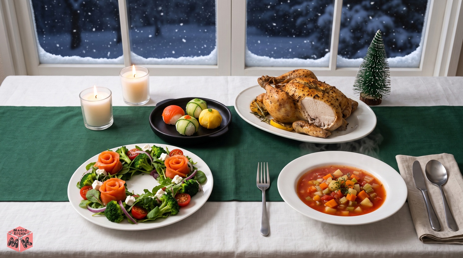 クリスマスの献立7選をならべた聖夜の食卓のイメージ