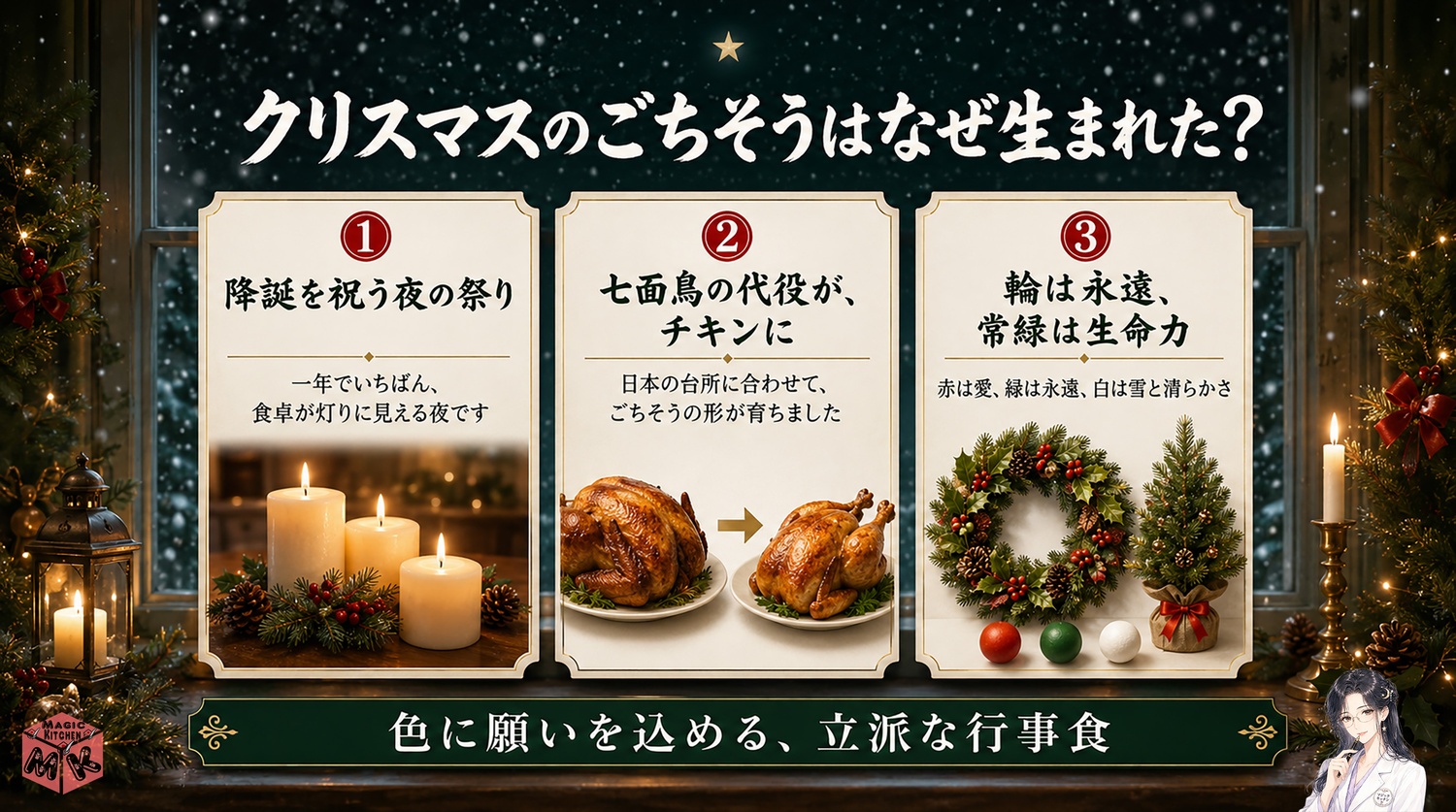 クリスマスのごちそうと飾りの由来をまとめた図解