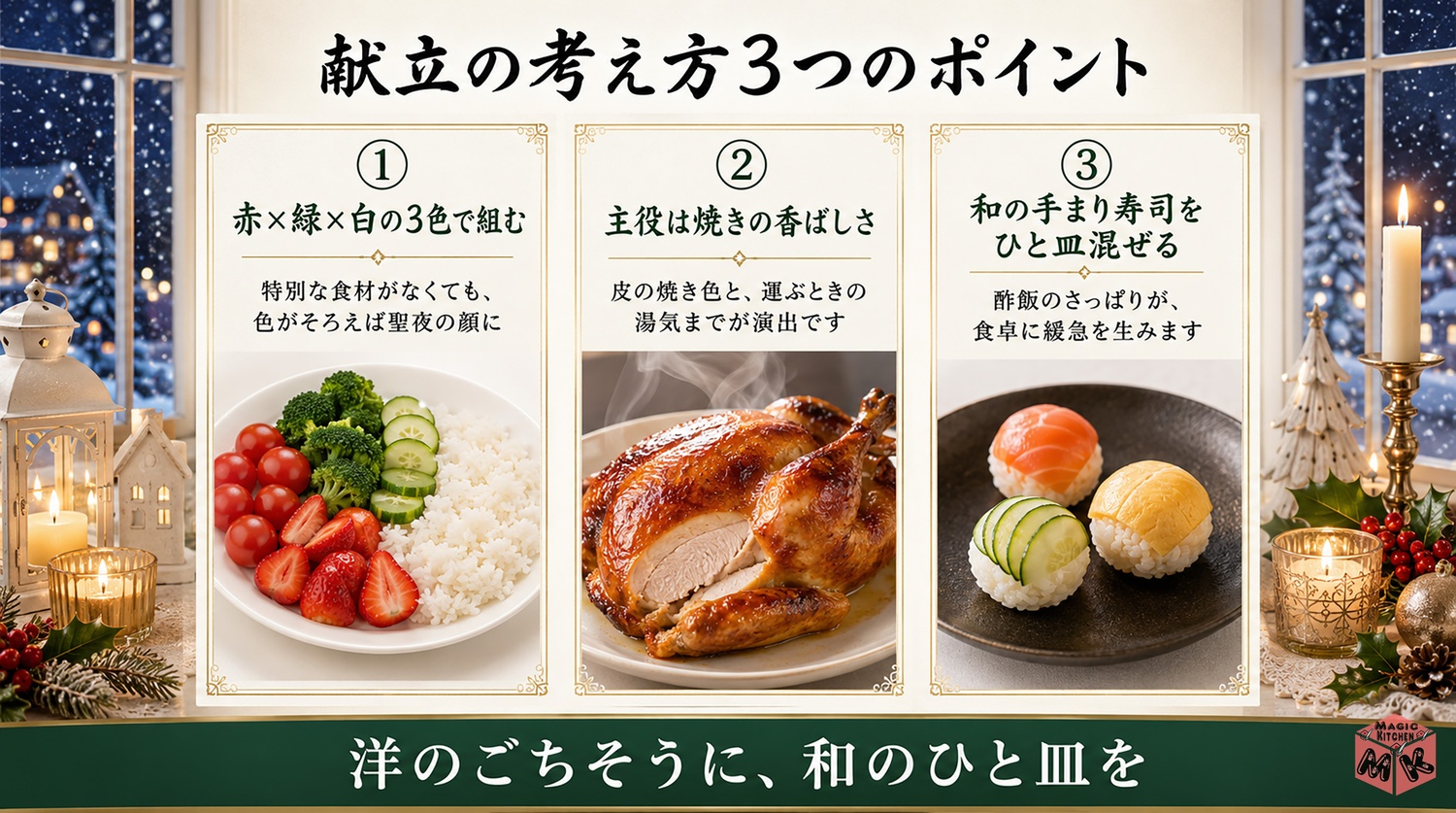 クリスマスの献立の考え方3つのポイントの図解