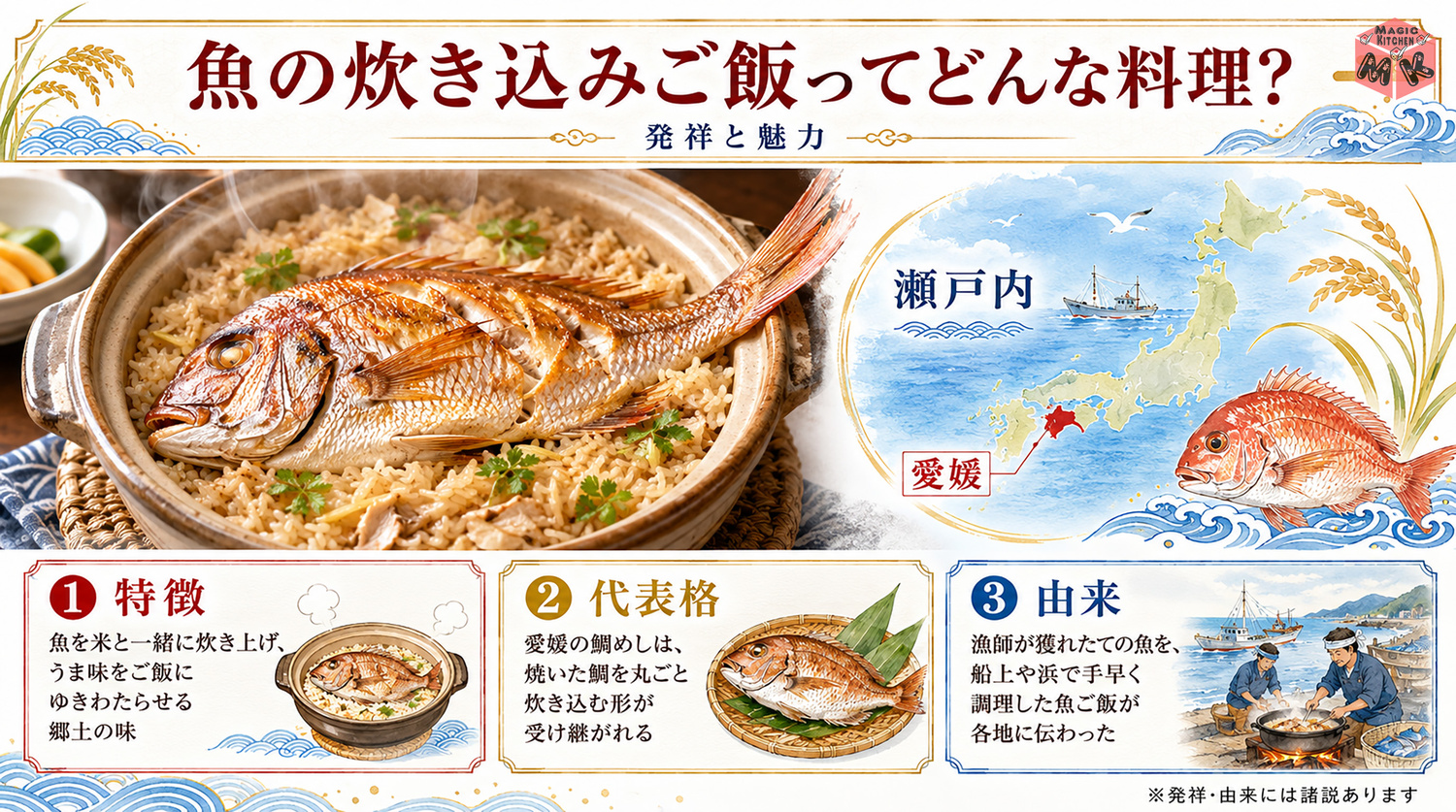 魚の炊き込みご飯の発祥と由来を示す図解