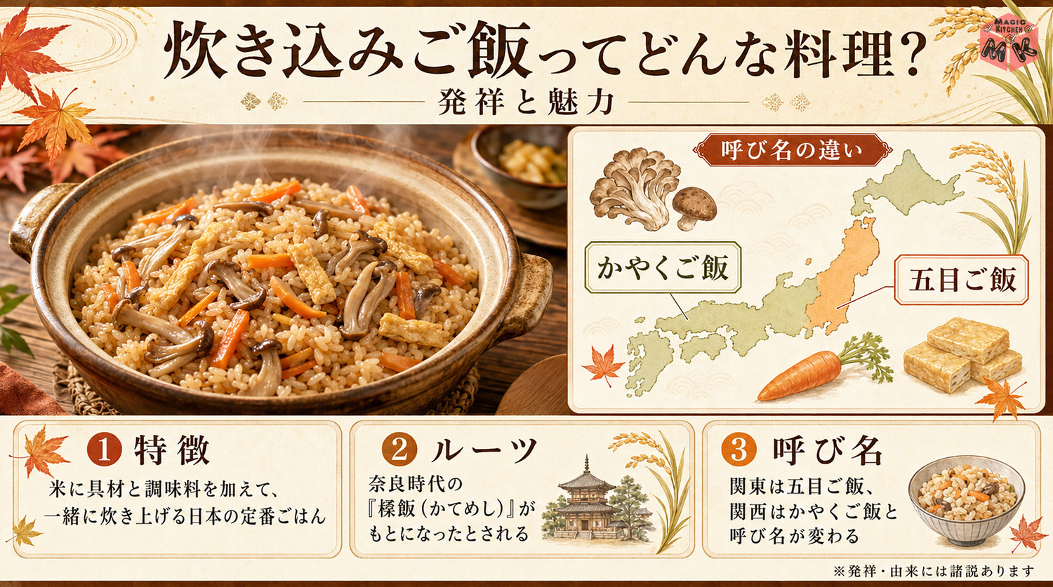 炊き込みご飯の発祥と由来を示す図解