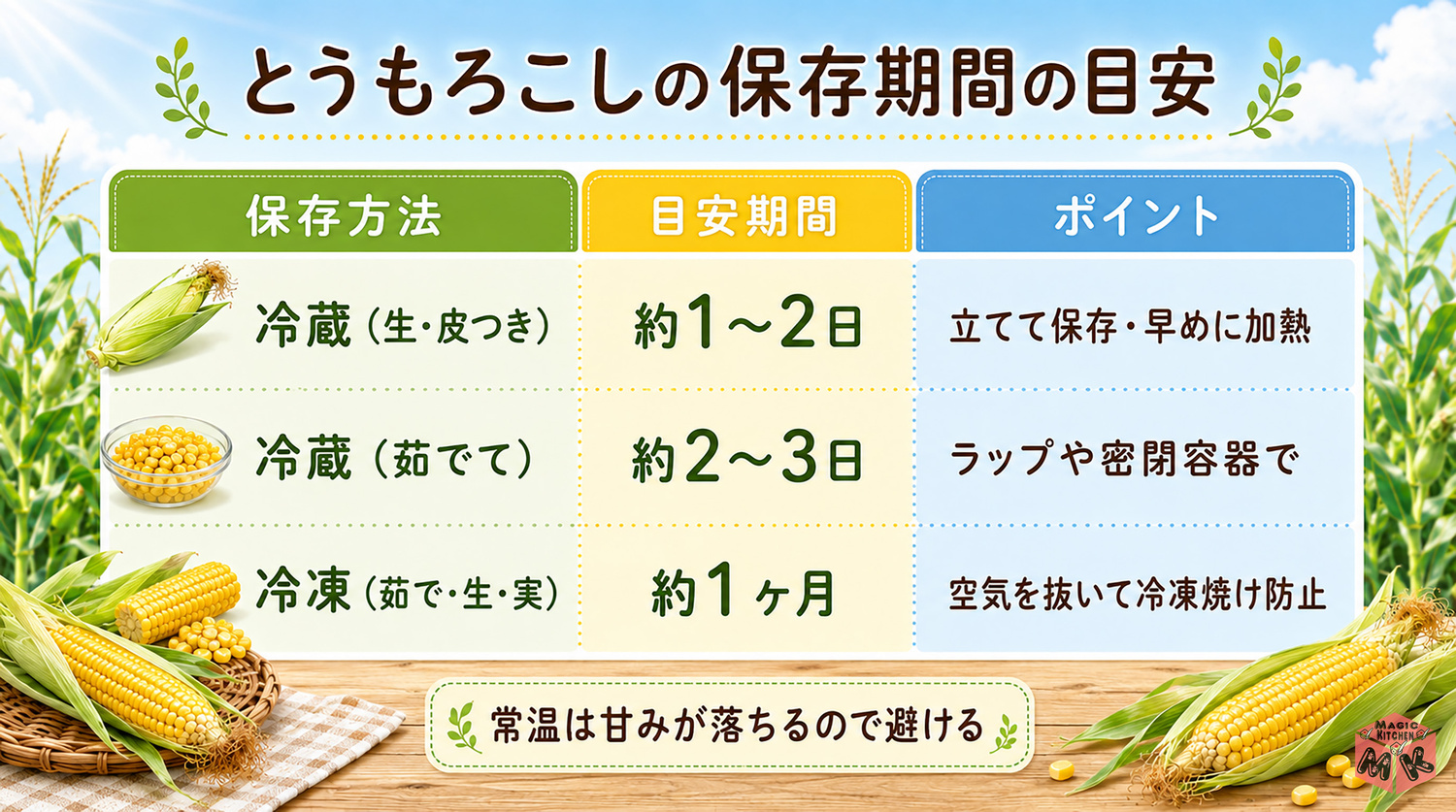 とうもろこしの保存期間の早見表