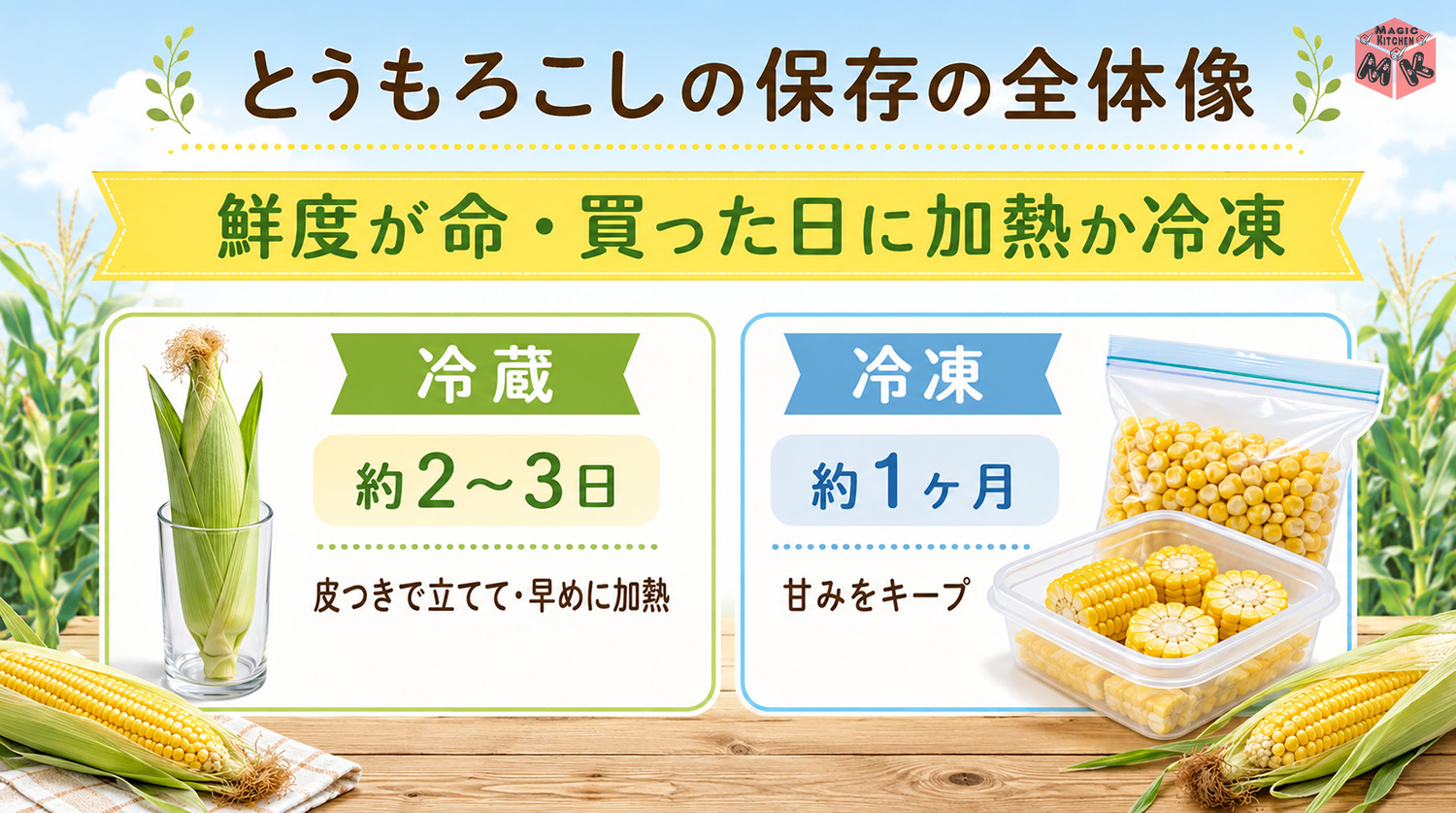 とうもろこしの保存方法の全体像インフォグラフィック