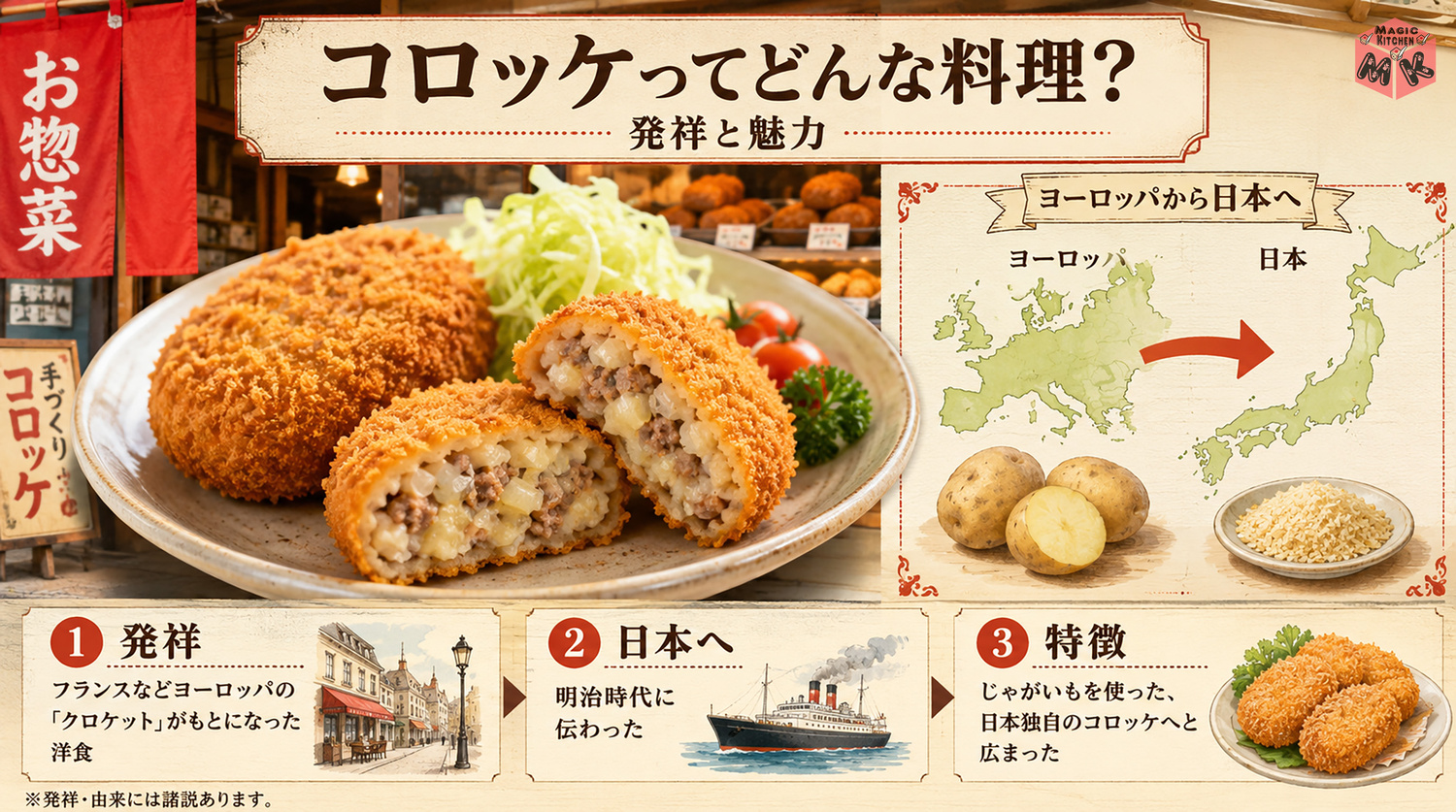 コロッケの発祥と由来を示す図解