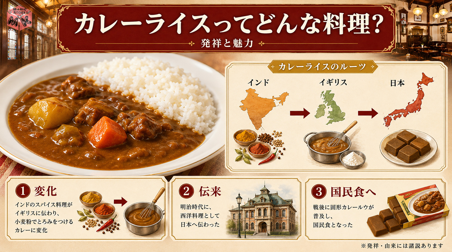 カレーライスの発祥と由来を示す図解