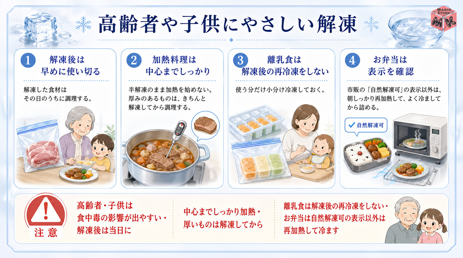 高齢者や子供にやさしい解凍の心がけ
