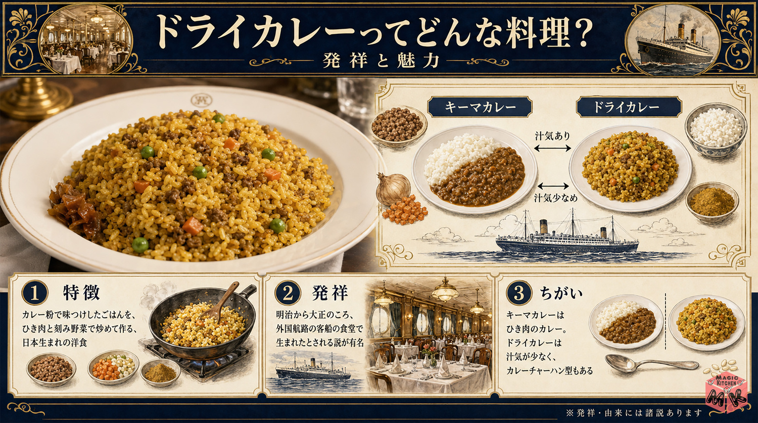 ドライカレーの発祥と由来を示す図解
