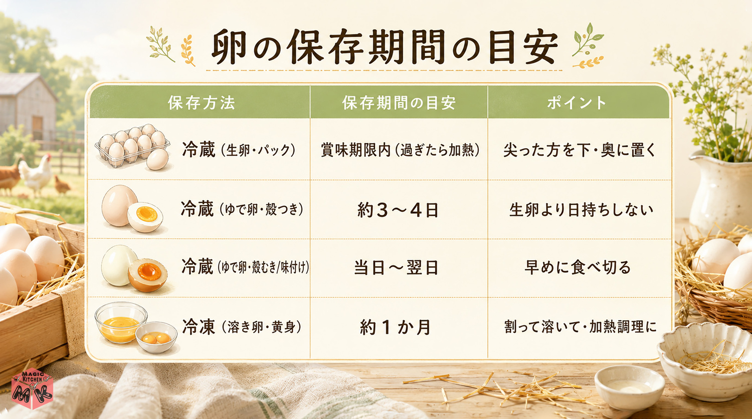 卵の保存期間の早見表