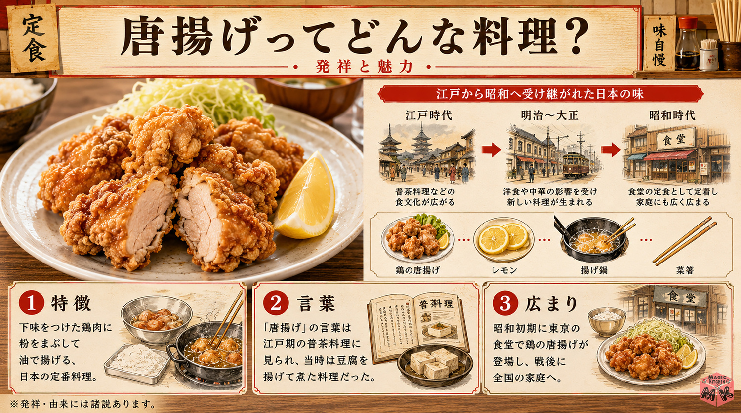 唐揚げの発祥と由来を示す図解