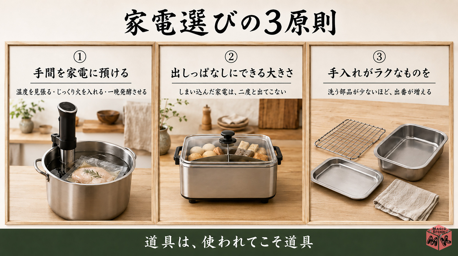 調理家電選びの基本3つのポイントの図解